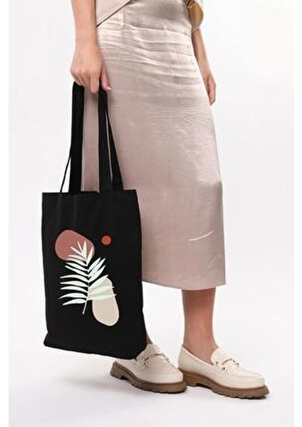 Siyah Art Leaf Baskılı %100 Doğal Pamuk 35x40 cm Uzun Kulplu