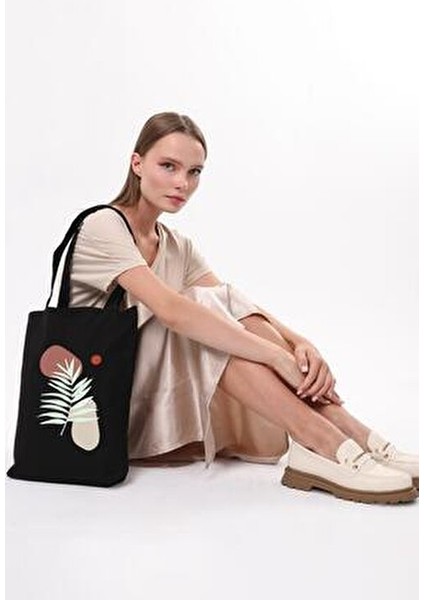 Siyah Art Leaf Baskılı %100 Doğal Pamuk 35x40 cm Uzun Kulplu