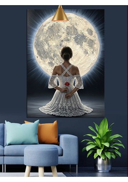 Dolunay Beyaz Elbiseli Elinde Gül Tutan Kadın Dekoratif Kanvas - Mdf Ahşap Tablo