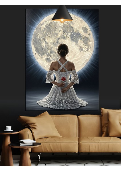 Dolunay Beyaz Elbiseli Elinde Gül Tutan Kadın Dekoratif Kanvas - Mdf Ahşap Tablo fiyatları