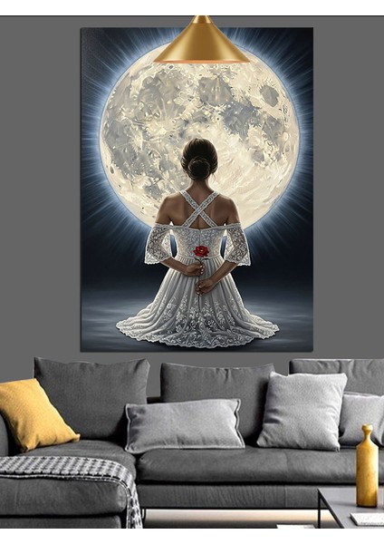 Dolunay Beyaz Elbiseli Elinde Gül Tutan Kadın Dekoratif Kanvas - Mdf Ahşap Tablo modelleri