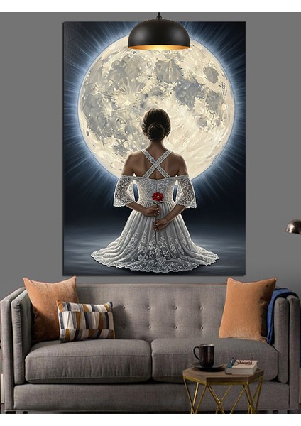 Dolunay Beyaz Elbiseli Elinde Gül Tutan Kadın Dekoratif Kanvas - Mdf Ahşap Tablo indirimleri