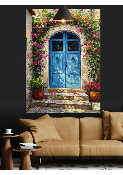 Mavi Kapı Taş Ev Dekoratif Kanvas - Mdf Ahşap Tablo