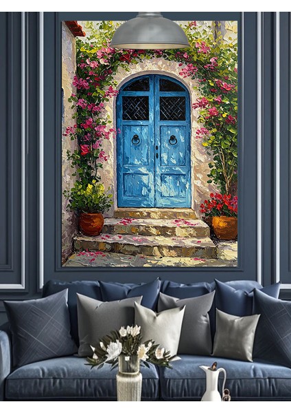 Mavi Kapı Taş Ev Dekoratif Kanvas - Mdf Ahşap Tablo modelleri