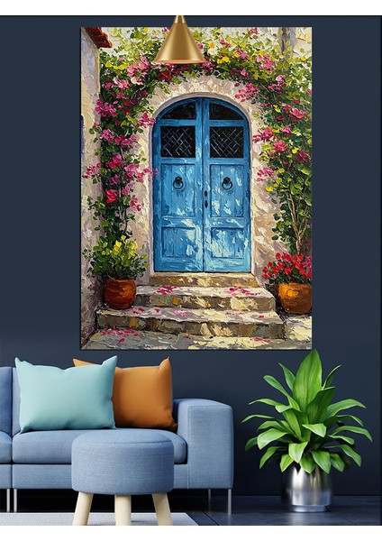 Mavi Kapı Taş Ev Dekoratif Kanvas - Mdf Ahşap Tablo indirimleri