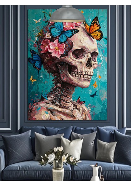 Çiçekli Kuru Kafa Iskelet Dekoratif Kanvas - Mdf Ahşap Tablo