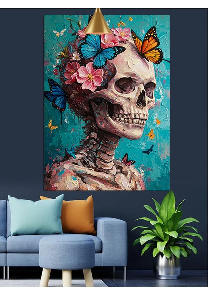 Çiçekli Kuru Kafa Iskelet Dekoratif Kanvas - Mdf Ahşap Tablo modelleri