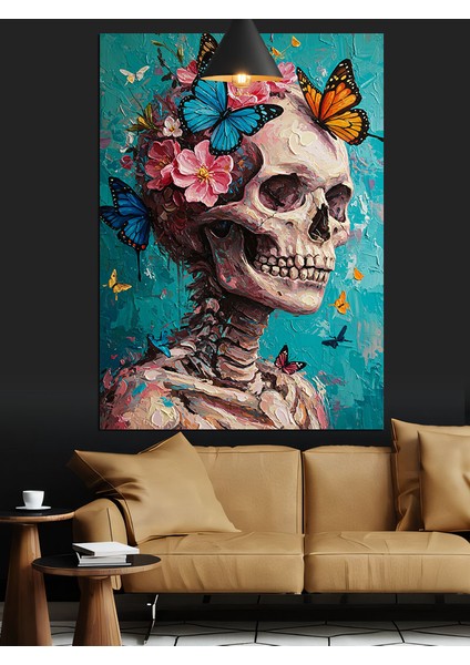 Çiçekli Kuru Kafa Iskelet Dekoratif Kanvas - Mdf Ahşap Tablo fırsatları