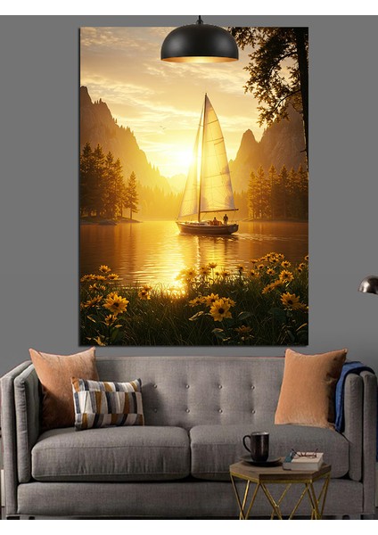 Günbatımı Yelkenli Tekne Deniz Manzarası Dekoratif Kanvas - Mdf Ahşap Tablo
