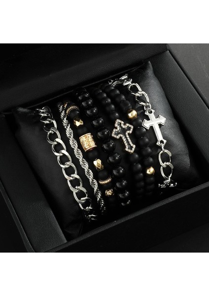Hafif Lüks, Yüksek Ka, Koyu Renkli Paslanmaz Çelik Haçlı Boncuklu Bileklik 4 Parça Set (Yurt Dışından)