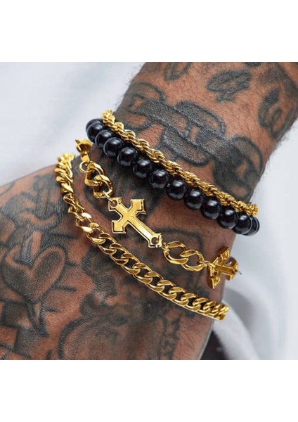 Hafif Lüks, Yüksek Ka, Koyu Renkli Paslanmaz Çelik Haçlı Boncuklu Bileklik 4 Parça Set (Yurt Dışından)