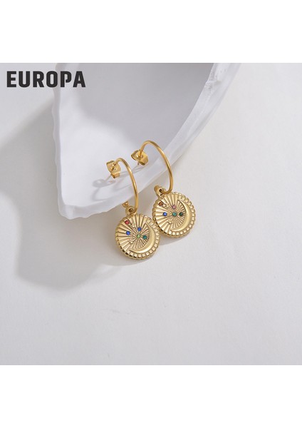 Altın Kakma Elmas Gözlü Yuvarlak Plak Küpe Kadın (Yurt Dışından)