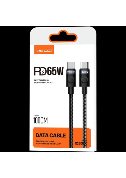 RS50CC Type-C To Type-C Pd Örgü Tasarım Hızlı Şarj Özellikli Data ve Şarj Kablosu 65W 1m Siyah