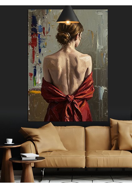 Arkası Dönük Kırmızı Elbiseli Kadın Dekoratif Kanvas - Mdf Ahşap Tablo