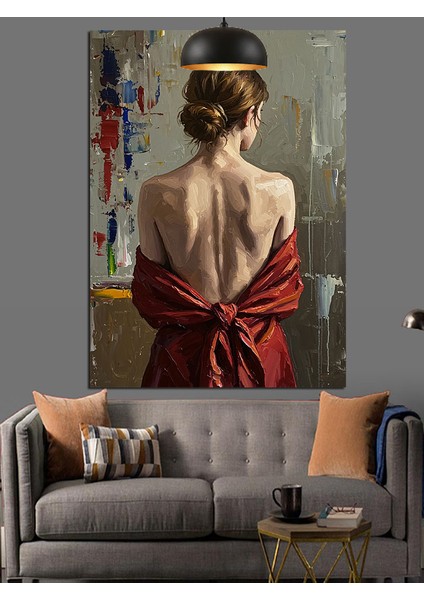 Arkası Dönük Kırmızı Elbiseli Kadın Dekoratif Kanvas - Mdf Ahşap Tablo fırsatları