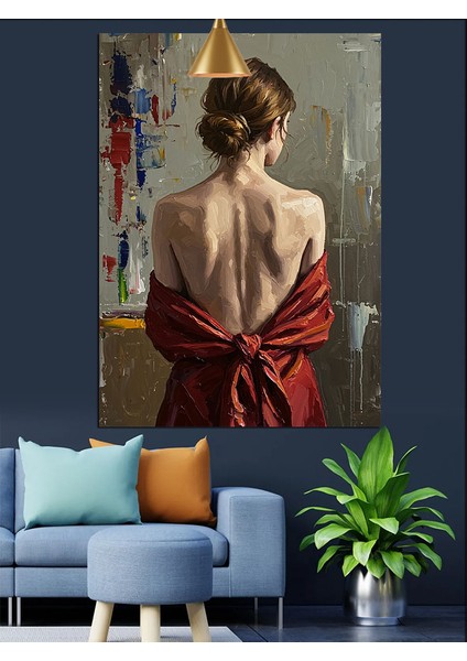 Arkası Dönük Kırmızı Elbiseli Kadın Dekoratif Kanvas - Mdf Ahşap Tablo indirimleri