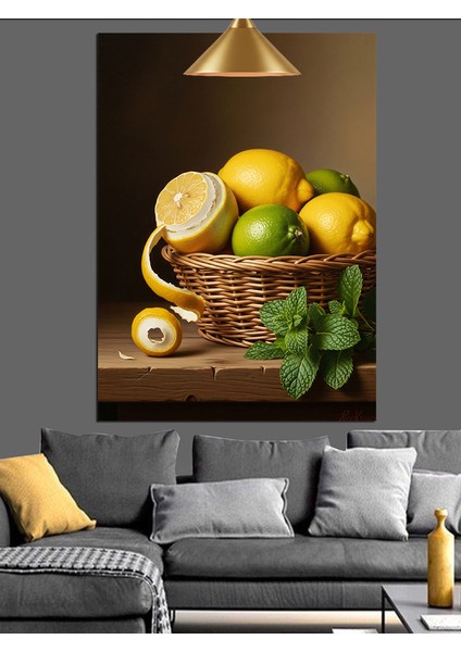Meyve Limon Sepeti Natürmort Çizim Dekoratif Kanvas - Mdf Ahşap Tablo