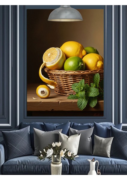 Meyve Limon Sepeti Natürmort Çizim Dekoratif Kanvas - Mdf Ahşap Tablo fiyatları