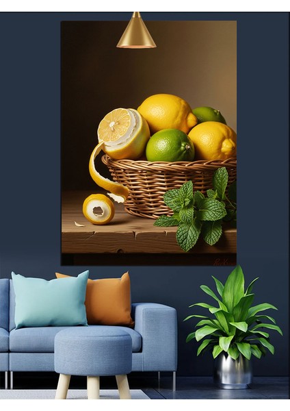 Meyve Limon Sepeti Natürmort Çizim Dekoratif Kanvas - Mdf Ahşap Tablo fırsatları
