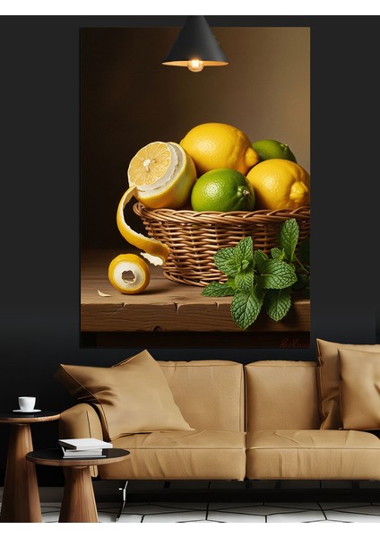 Meyve Limon Sepeti Natürmort Çizim Dekoratif Kanvas - Mdf Ahşap Tablo indirimleri