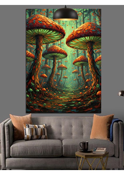 Büyük Mantarlar Orman Manzarası Dekoratif Kanvas - Mdf Ahşap Tablo