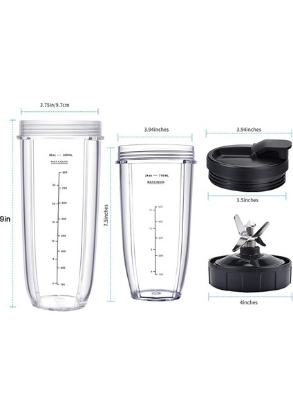 Ninja, 32 Oz ve 24OZ Fincan ve Kapaklarla Blender Yedek Parçaları, 7 Yüzgeçli Çıkarıcı Bıçağı, Nutri Ninja BL480-30 BL483-30 (Yurt Dışından) modelleri