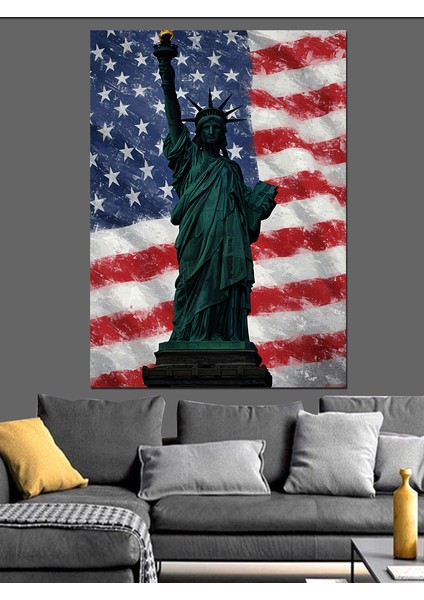 Özgürlük Heykeli Amerikan Bayrağı Dekoratif Kanvas - Mdf Ahşap Tablo