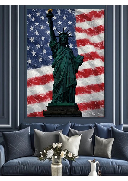 Özgürlük Heykeli Amerikan Bayrağı Dekoratif Kanvas - Mdf Ahşap Tablo fiyatları