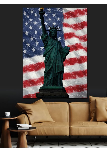 Özgürlük Heykeli Amerikan Bayrağı Dekoratif Kanvas - Mdf Ahşap Tablo fırsatları