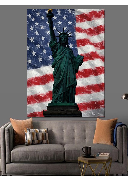 Özgürlük Heykeli Amerikan Bayrağı Dekoratif Kanvas - Mdf Ahşap Tablo indirimleri