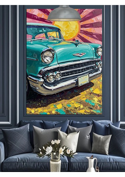 Eski Model Araba Çizimi Dekoratif Kanvas - Mdf Ahşap Tablo