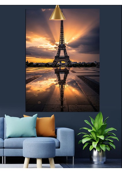 Yansımalı Işıltılı Gün Batmı Paris Eyfel Kulesi Dekoratif Kanvas - Mdf Ahşap Tablo