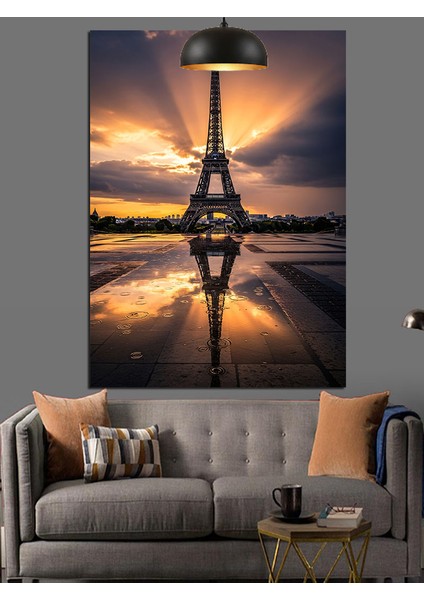 Yansımalı Işıltılı Gün Batmı Paris Eyfel Kulesi Dekoratif Kanvas - Mdf Ahşap Tablo indirimleri