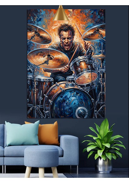 Bateri Çalan Enerjik Adam Dekoratif Kanvas - Mdf Ahşap Tablo