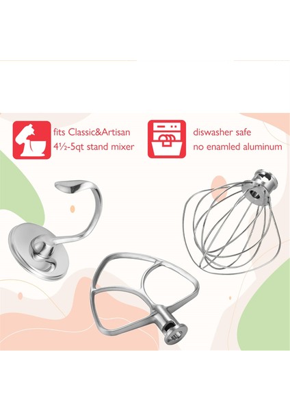 Kitchenaid Için Paslanmaz Çelik Aksesuarlar 4.5-5 Qt Yatırma Kafası Stand Mixer, 6 Tel Çırpma, Düz Çırpıcı, Hamur Kancası Içerir (Yurt Dışından) fiyatları