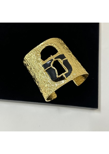 Metal Dokulu Siyah Altın Damla Yağlı Kilitli Geniş Bileklik (Yurt Dışından)