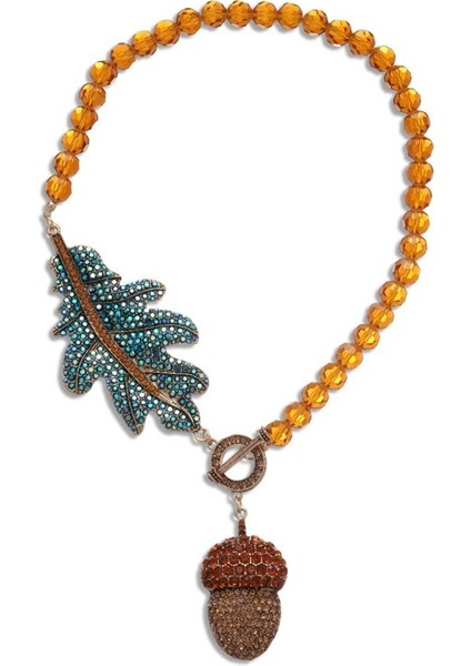 Işlemeli Kristal Boncuklu Yapraklı Kozalak Tokalı Kazak Zincir Kolye (Yurt Dışından)