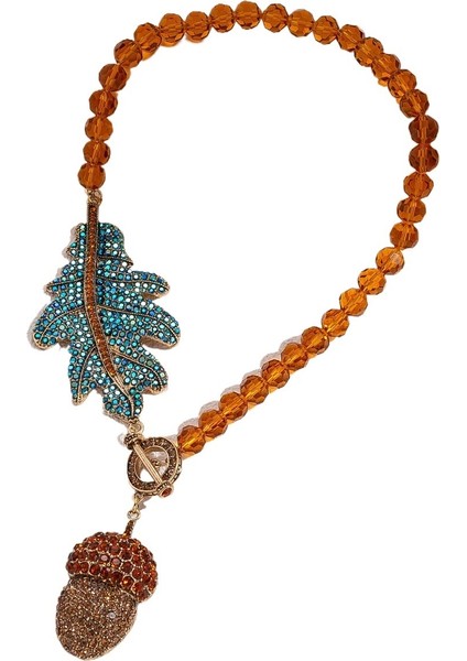 Işlemeli Kristal Boncuklu Yapraklı Kozalak Tokalı Kazak Zincir Kolye (Yurt Dışından) fiyatları