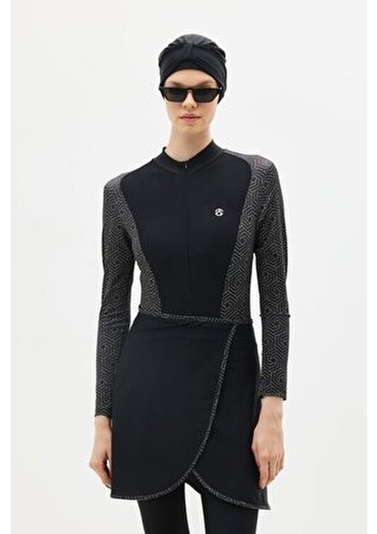 Etekli Taytlı Tam Kapalı Tesettür Mayo Polyester Desenli Kadın 5 Parça Siyah/Gümüş