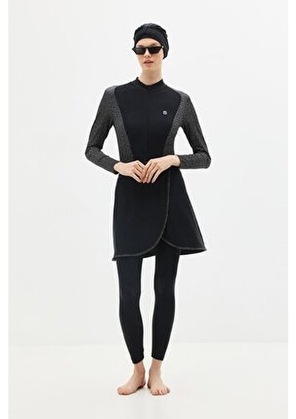 Etekli Taytlı Tam Kapalı Tesettür Mayo Polyester Desenli Kadın 5 Parça Siyah/Gümüş