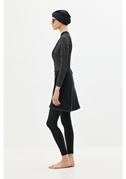 Etekli Taytlı Tam Kapalı Tesettür Mayo Polyester Desenli Kadın 5 Parça Siyah/Gümüş