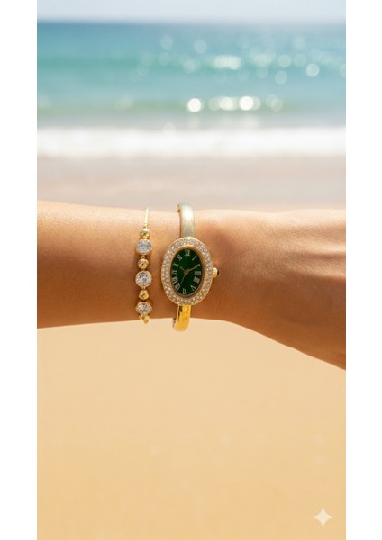 Zarif Kadın Bilezik Görünümlü Saat Taşlı Bileklik Hediyeli Kombin Set