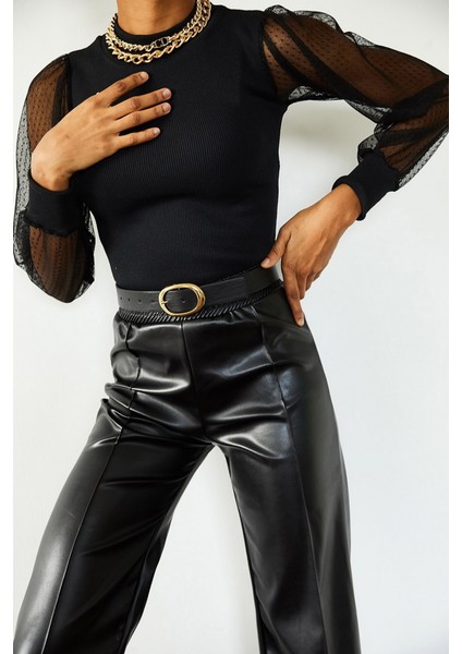 Kadın Siyah Kolu Tül Detaylı Yarım Balıkçı Kaşkorse Bluz 6160