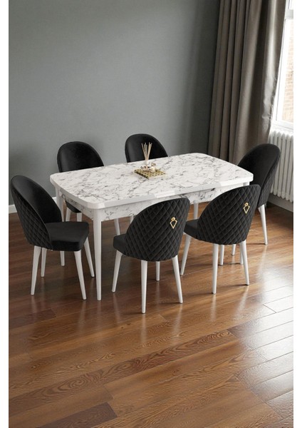 Mura Beyaz Mermer 80X132 Açılabilir Mdf Masa Yemek Odası Takımı, Mutfak Takımı 6 Adet Sandalye