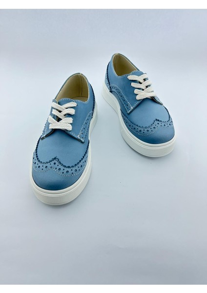 Mavi Oxford Hakiki Deri Ortopedik Termo Kaymaz Taban El Yapımı Erkek Çocuk Ayakkabı