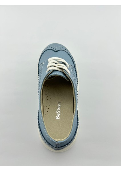 Mavi Oxford Hakiki Deri Ortopedik Termo Kaymaz Taban El Yapımı Erkek Çocuk Ayakkabı