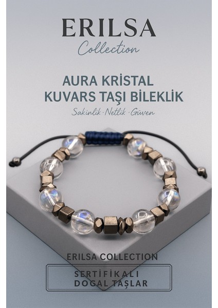Sertifikalı Aura Kristal Kuvars Doğal Taş Bileklik 8x8 mm Sakinlik Netlik ve Güven Enerjisi Taşı