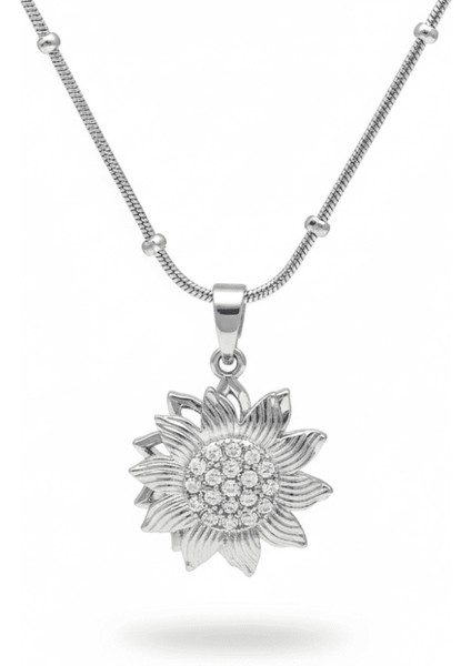 Kadın Çelik Kolye - Güne Bakan Tasarım - Beyaz Zirkon Taşlı - Stres Çarkı Model - Gümüş Renk