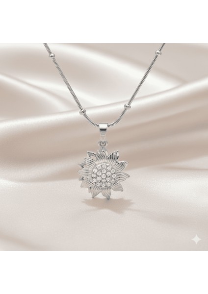 Kadın Çelik Kolye - Güne Bakan Tasarım - Beyaz Zirkon Taşlı - Stres Çarkı Model - Gümüş Renk fırsatları