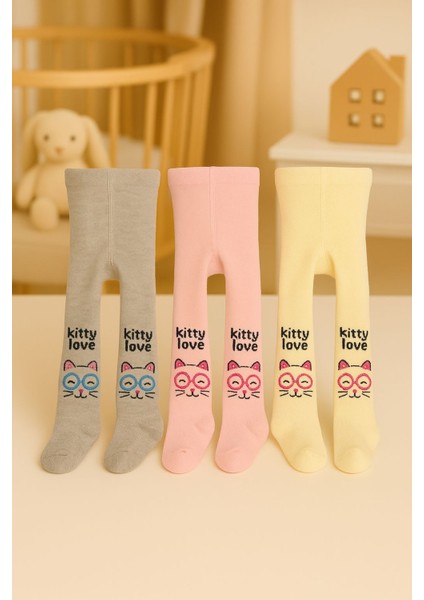 3'lü Kız Bebek & Çocuk Pamuklu Külotlu Çorap Renkli Kedicik Desenli
